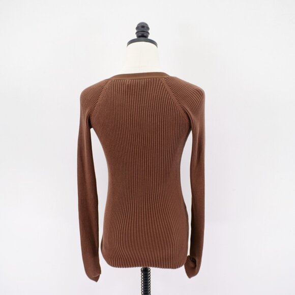 Bebe Brown Plunging V-Neck‎ Leather Button Cardigan Sweater Ribbed Cotton Small - Picture 5 of 7